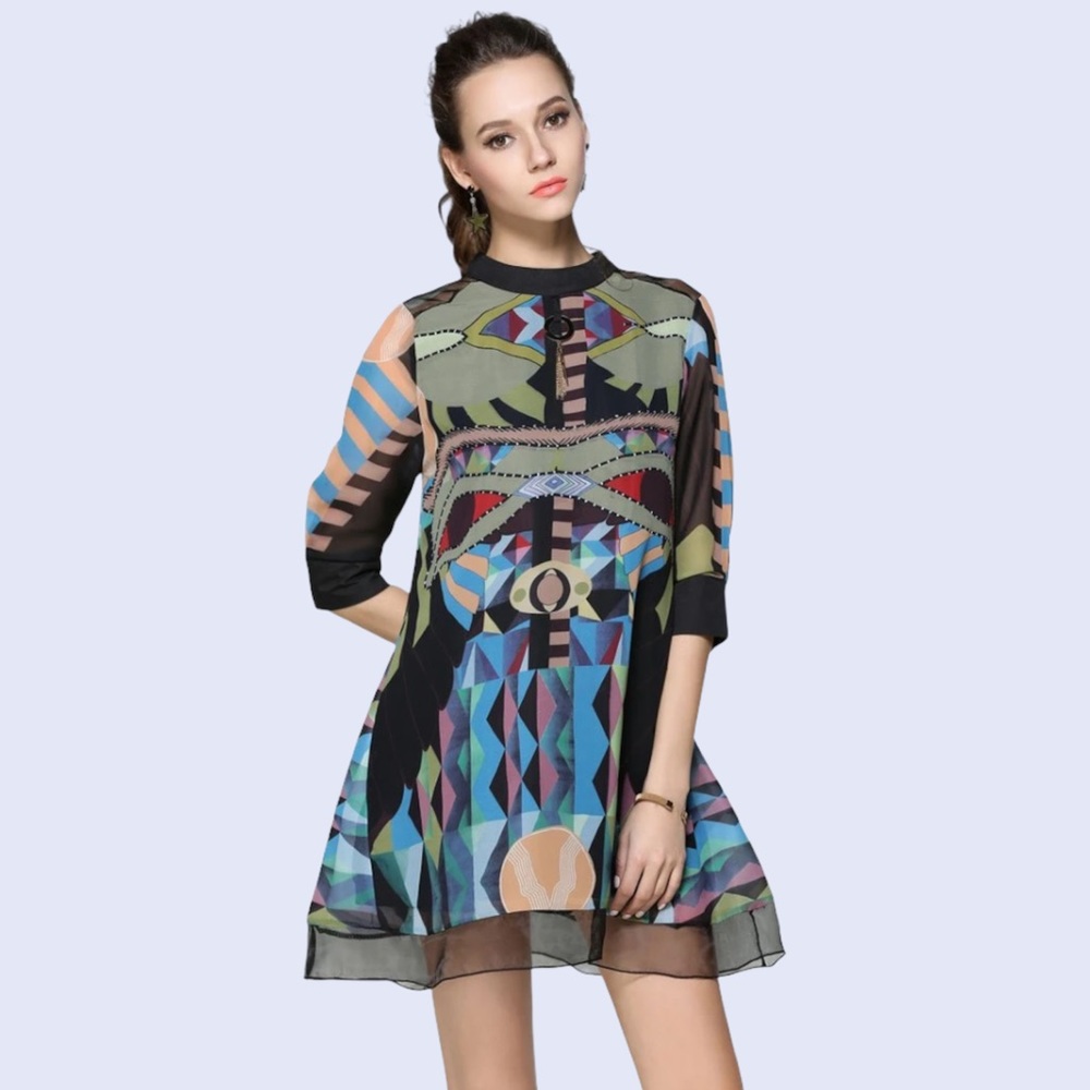 SOLD- ⭐HOST PICK- QIAN MO GE- VINTAGE BOHEMIAN PRINT CHIFFON DRESS-ORIENTAL P… - Picture 3 of 16
